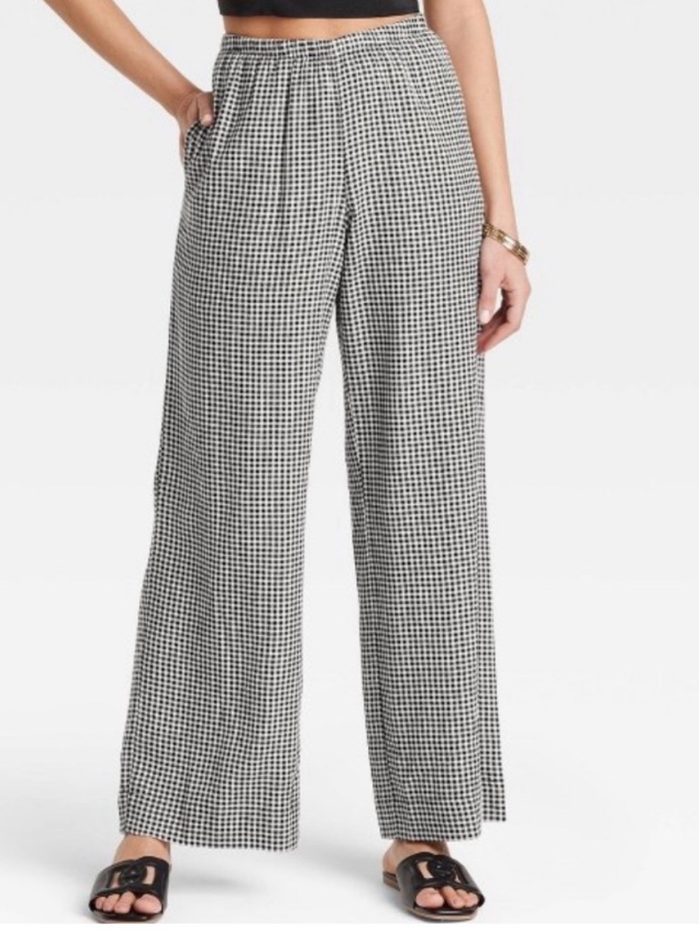A New Day Black Gingham Linen Straight Pull On Pants Size Medium